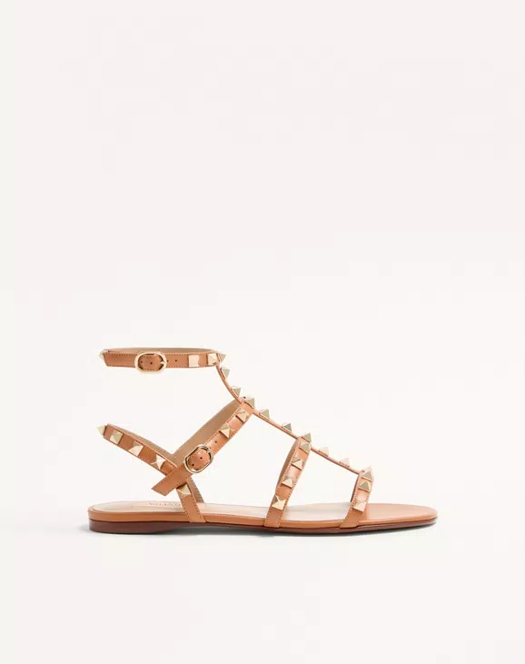 Valentino Rockstud Flat Calfskin Sandal With Straps - Image 1